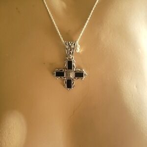 1928 Jewelry Silver Tone Black Enamel Cross Necklace Pendant Size 1.75" Goth 90s